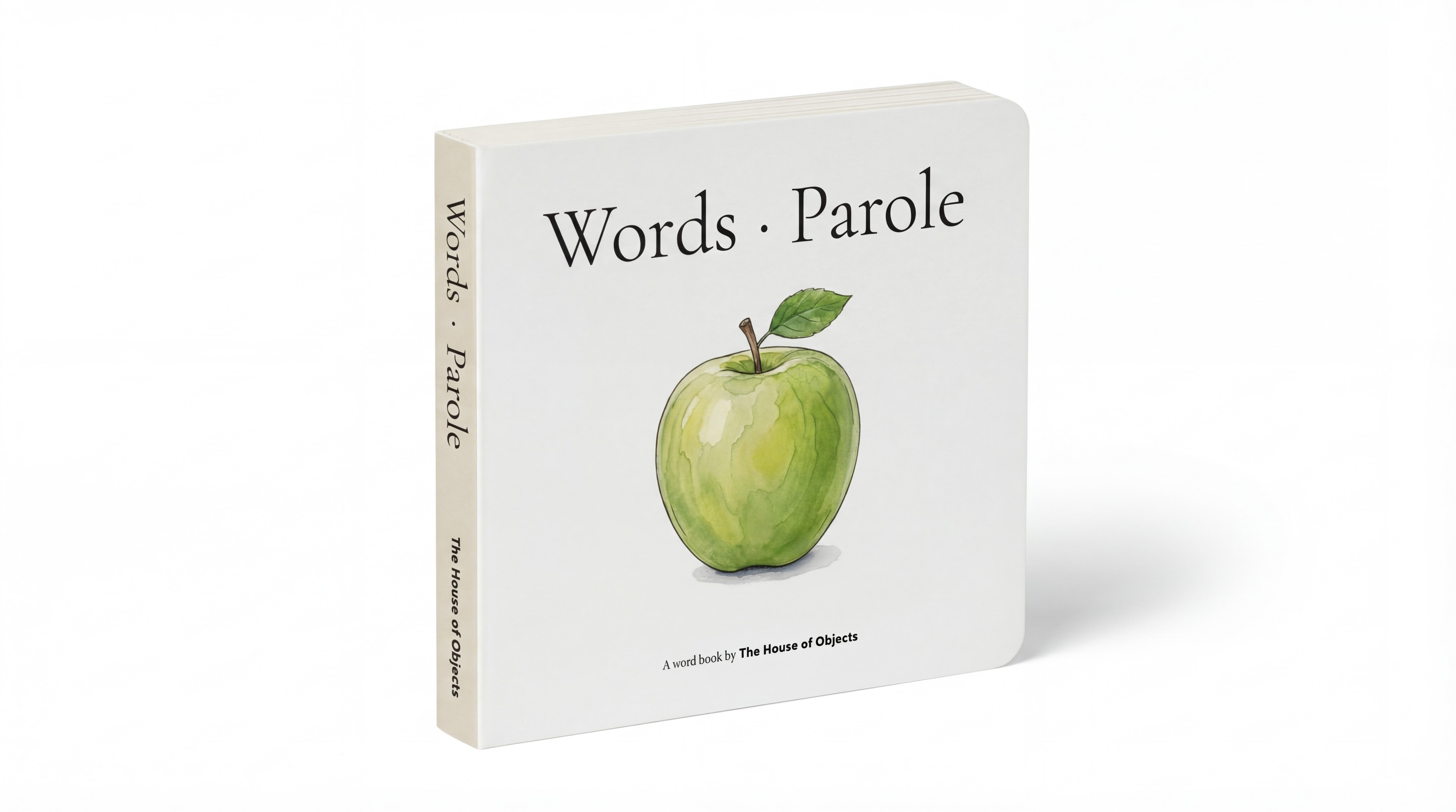 Words · Parole board book cover with watercolour green apple illustration on white background by The House of Objects