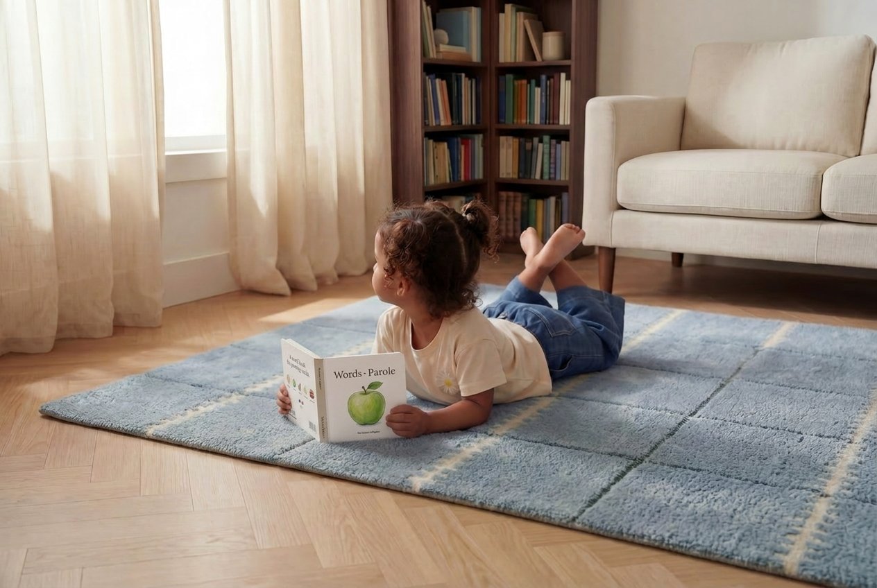 A child pointing at watercolour illustrations inside the bilingual board book Words · Parole